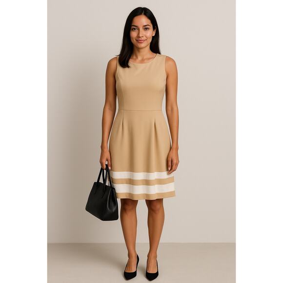 Calvin Klein Sleeveless Tan Pleated Dress with White Stripes at Hem Line Size 6 - Picture 1 of 8